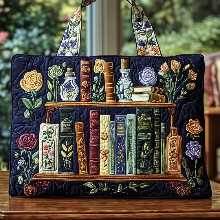Books Floral Shelf Quilted Tote