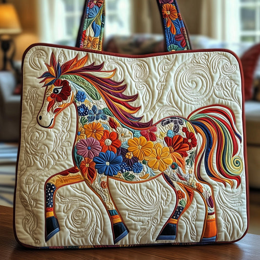 Colorful Horse Embroidery Quilted Tote
