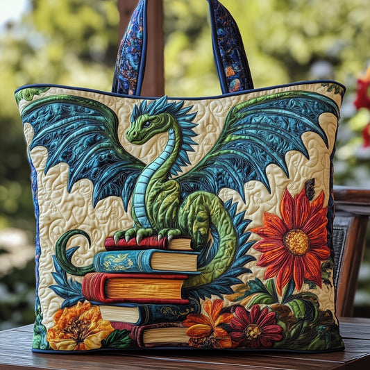 Green Dragon On Books Quilted Tote