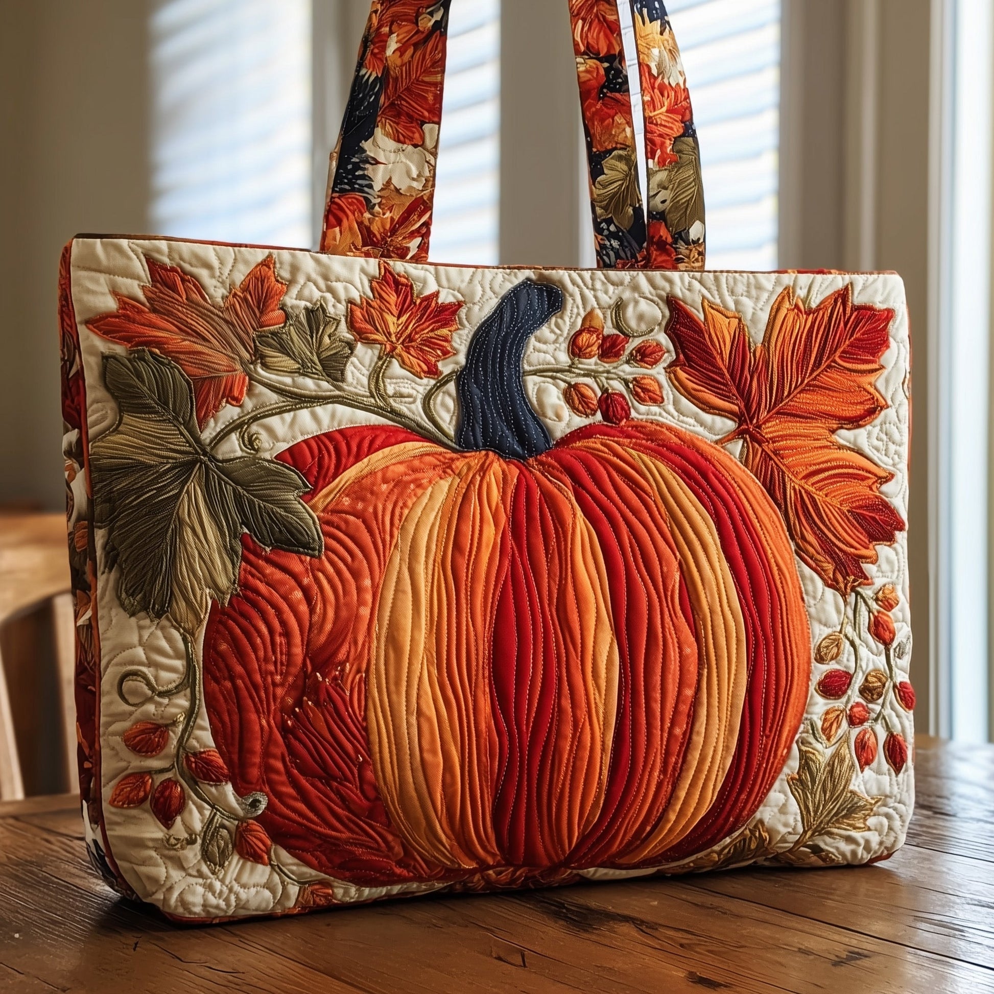 Pumpkin Fall Leaves Quilted Tote