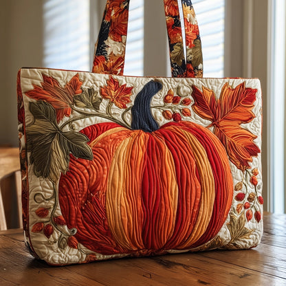 Pumpkin Fall Leaves Quilted Tote