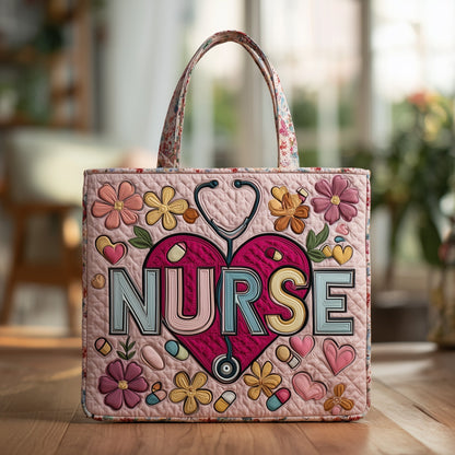 Nurse Heart Flowers Quilted Tote