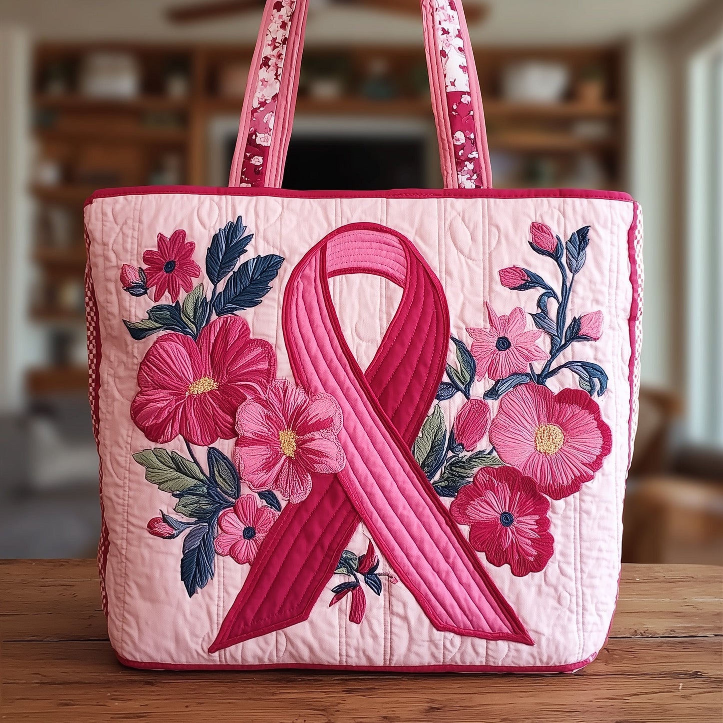 Pink Ribbon Flowers Quilted Tote