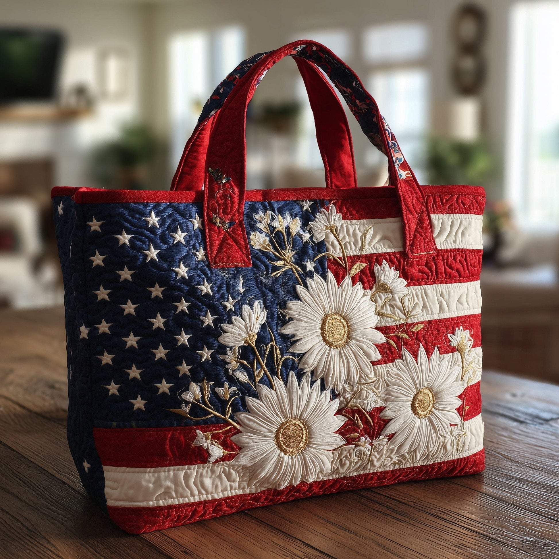 American Flag Daisies Quilted Tote