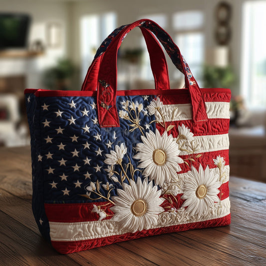 American Flag Daisies Quilted Tote