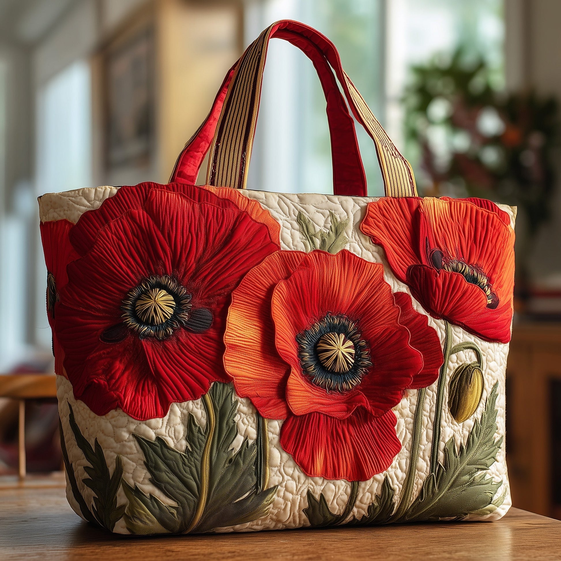 Red Poppy Flowers Quilted Tote