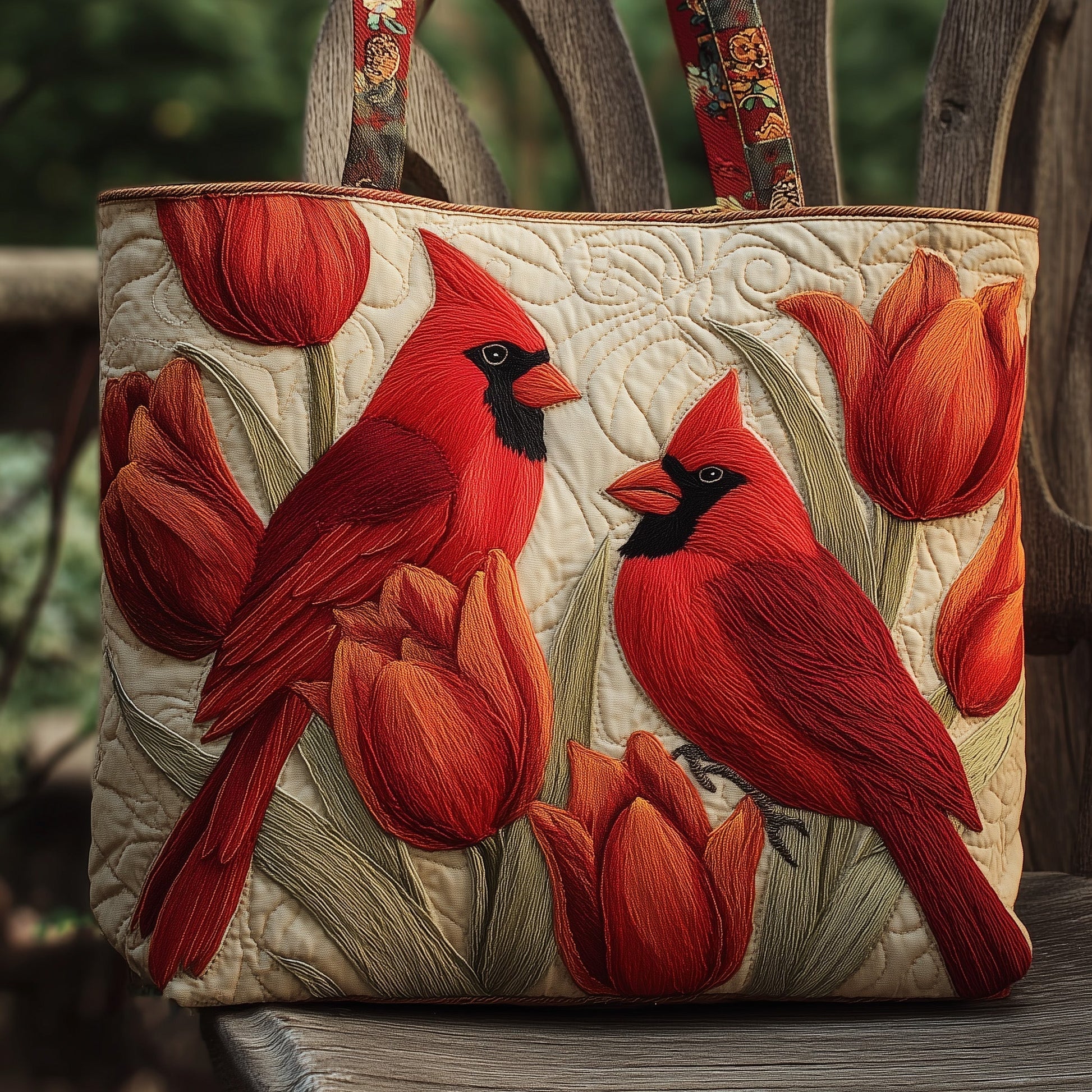 Red Cardinals Flowers Quilted Tote