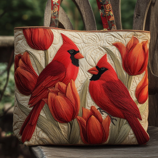 Red Cardinals Flowers Quilted Tote