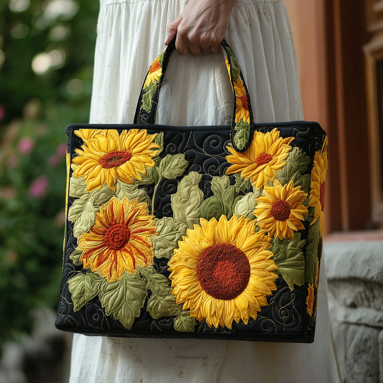 Sunflowers On Black Quilted Tote