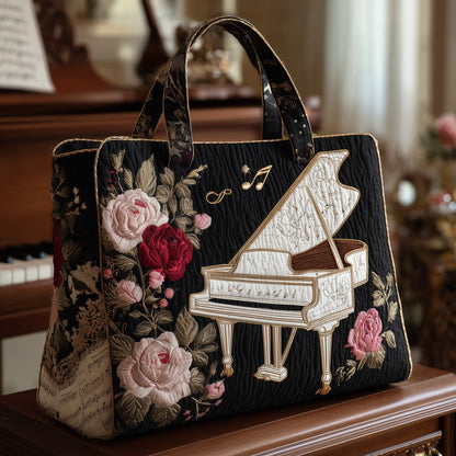 Grand Piano Floral Embroidery Quilted Tote