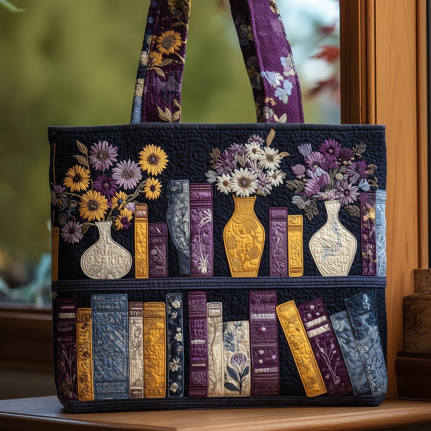 Books Floral Vases Quilted Tote