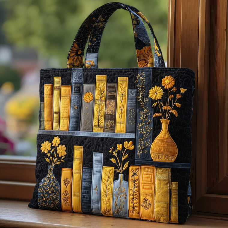 Books Yellow Flowers Quilted Tote