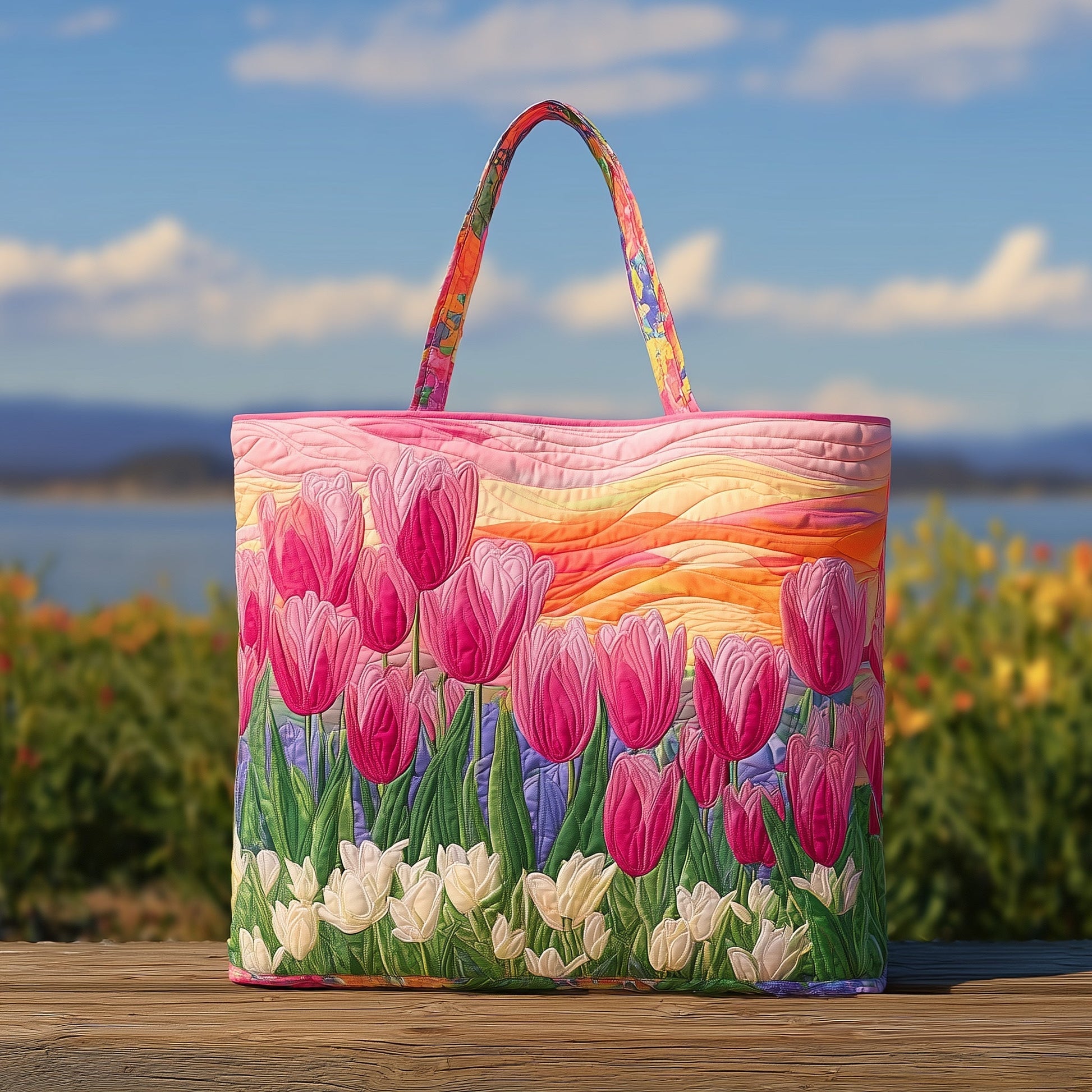 Pink Tulips Sunset Quilted Tote