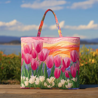 Pink Tulips Sunset Quilted Tote