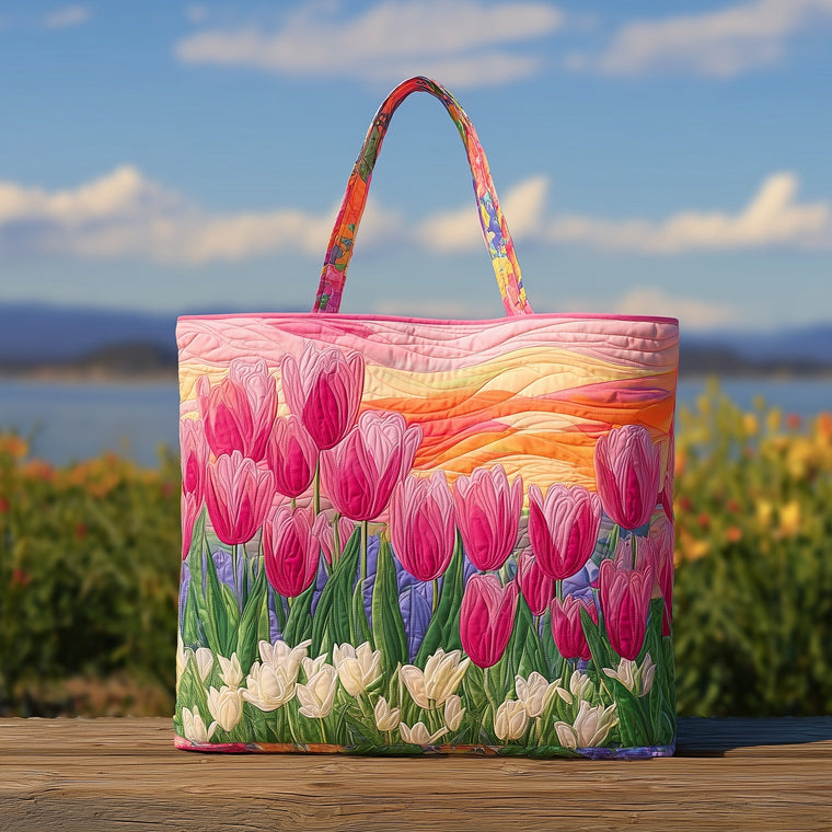Pink Tulips Sunset Quilted Tote