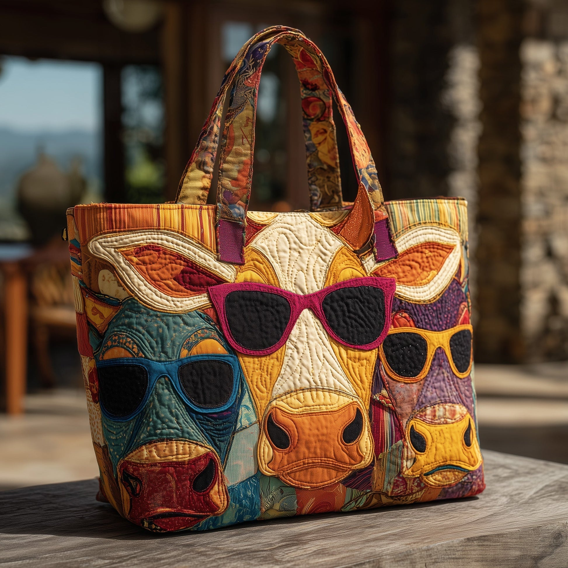Colorful Cows Sunglasses Quilted Tote