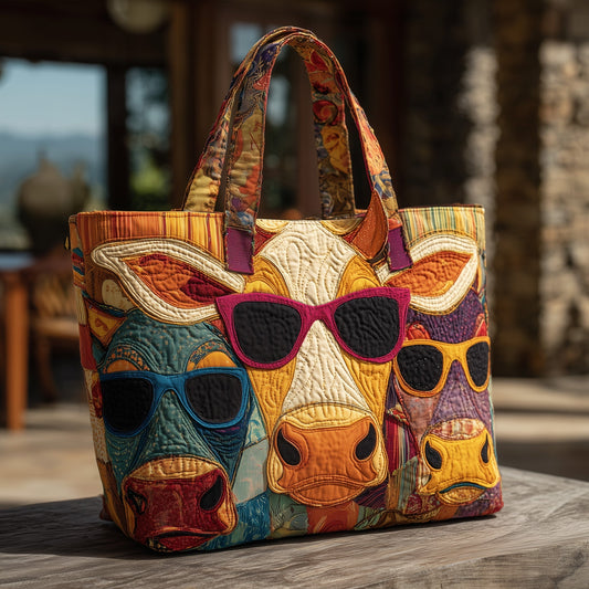 Colorful Cows Sunglasses Quilted Tote