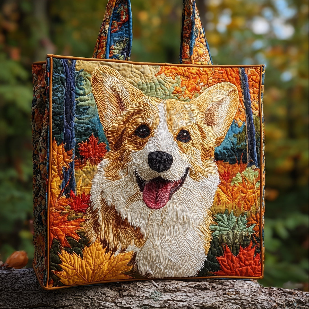 Corgi Dog Fall Leaves Quilted Tote