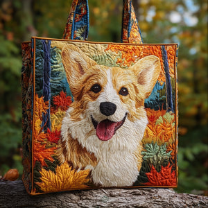 Corgi Dog Fall Leaves Quilted Tote