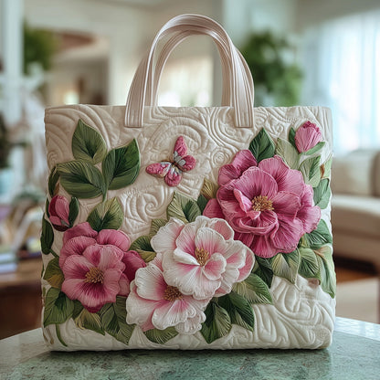 Pink Camellia Flowers Quilted Tote