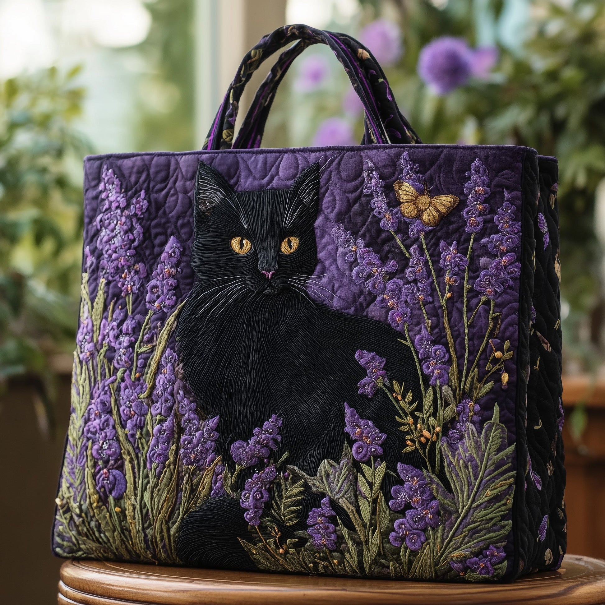 Black Cat Lavender Flowers Quilted Tote
