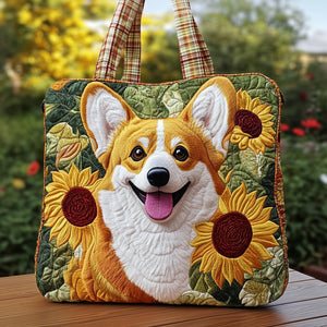 Corgi Dog Sunflowers Quilted Tote