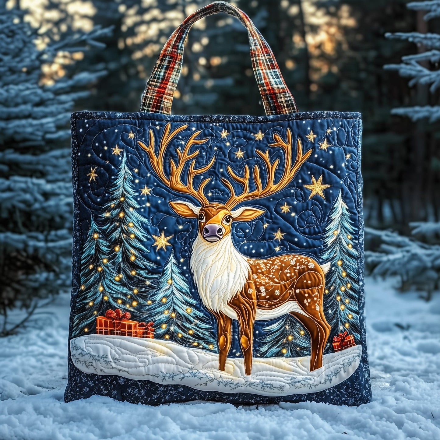 Reindeer Holiday Scene Quilted Tote