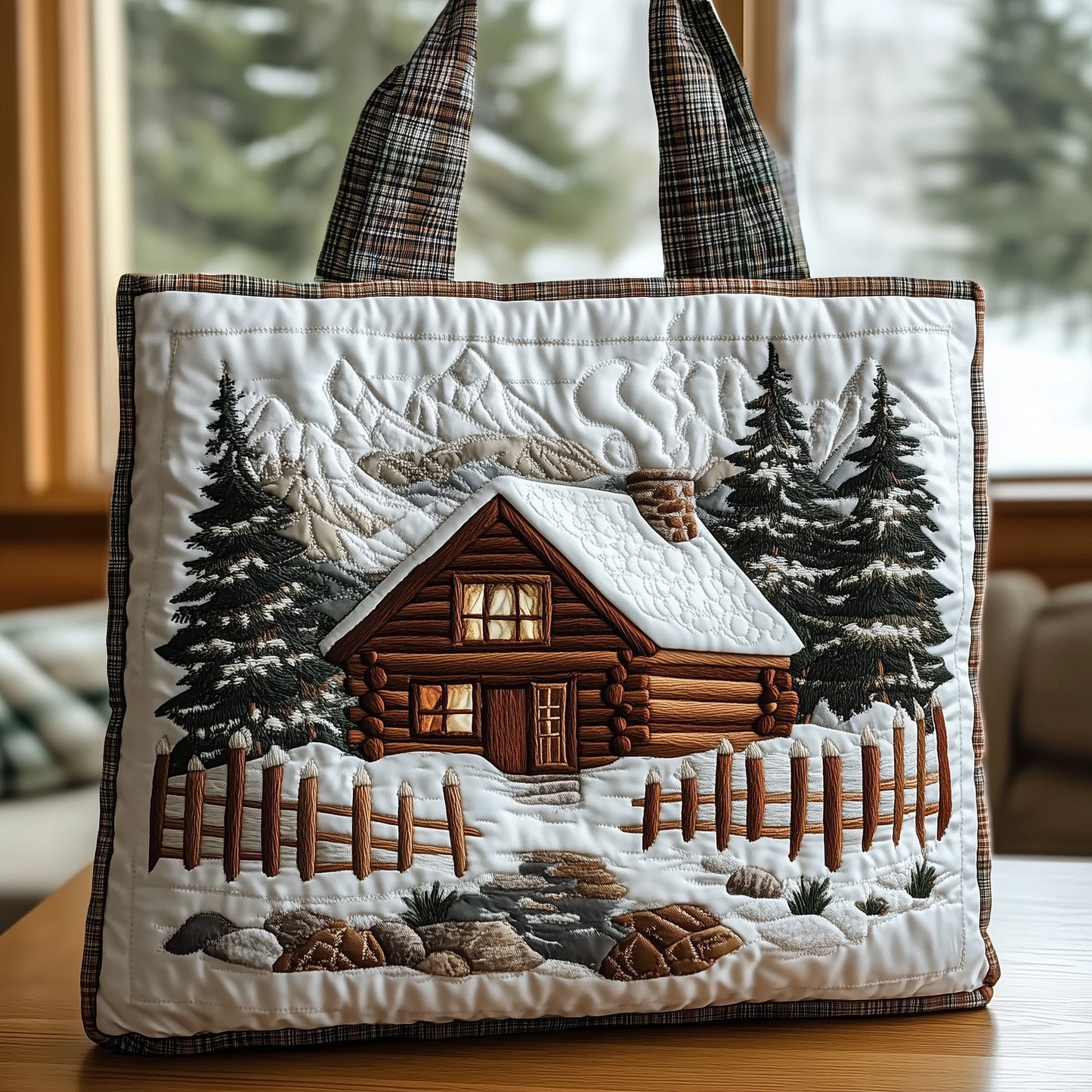 Snowy Cabin Scene Tote Bag