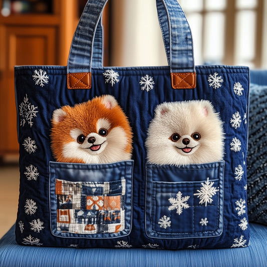 Pomeranian Dogs Snowflakes Quilted Tote