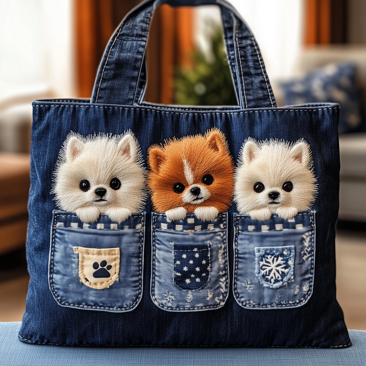 Pomeranian Puppies Denim Pockets Quilted Tote