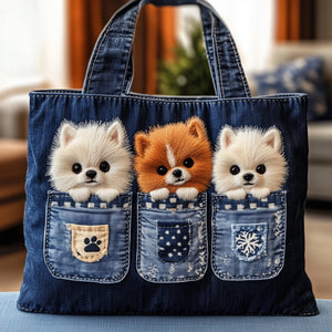 Pomeranian Puppies Denim Pockets Quilted Tote