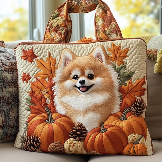 Pomeranian Dog Autumn Leaves Quilted Tote