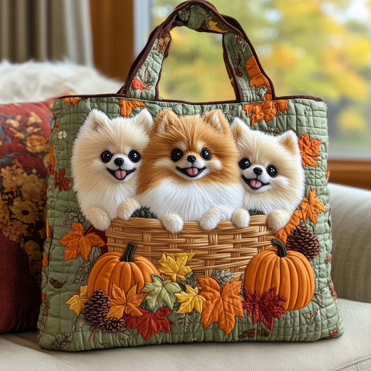 Pomeranian Dogs Pumpkins Leaves Quilted Tote