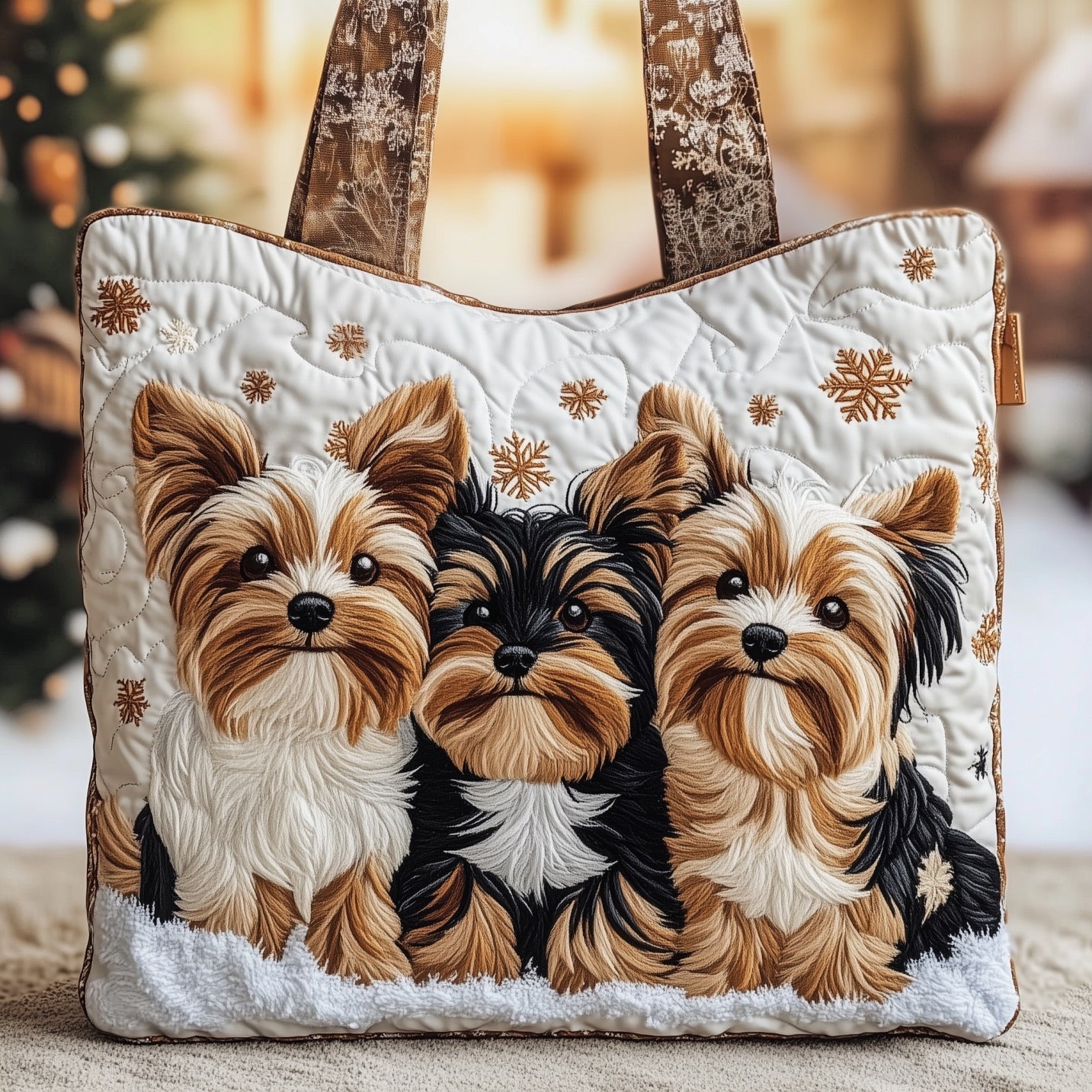 Festive Yorkie Quilted Tote Bag
