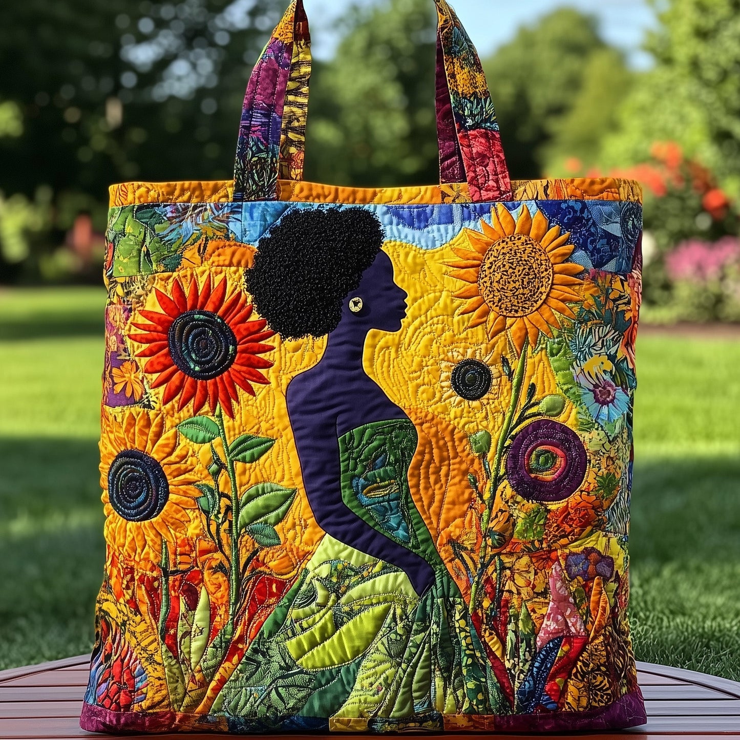 Afro Woman Sunflowers Quilted Tote