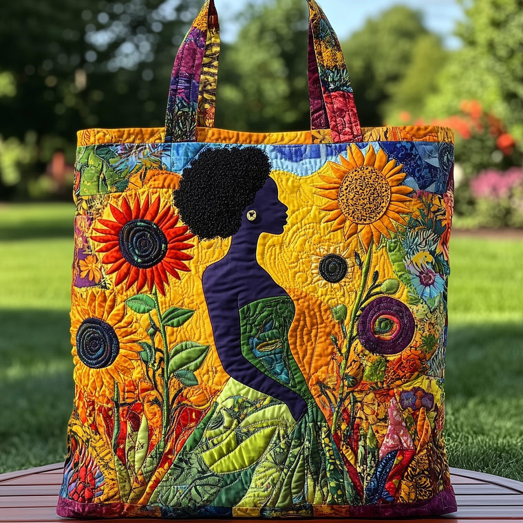Afro Woman Sunflowers Quilted Tote