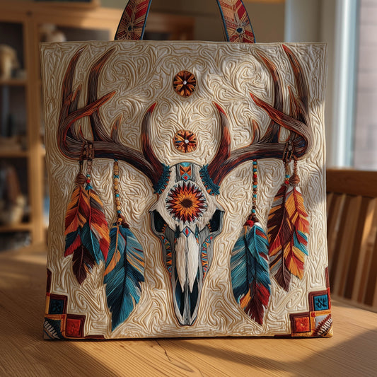 Deer Skull Feathers Quilted Tote