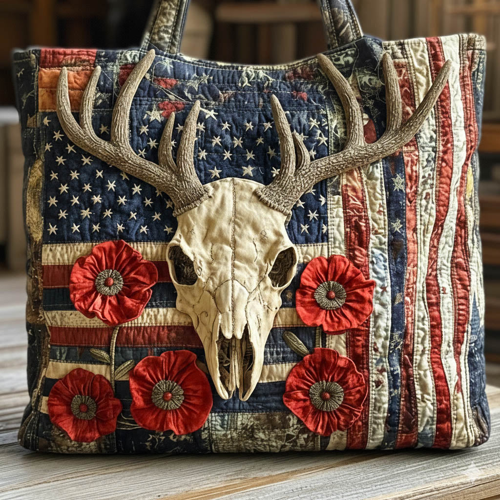 Deer Skull American Flag Quilted Tote