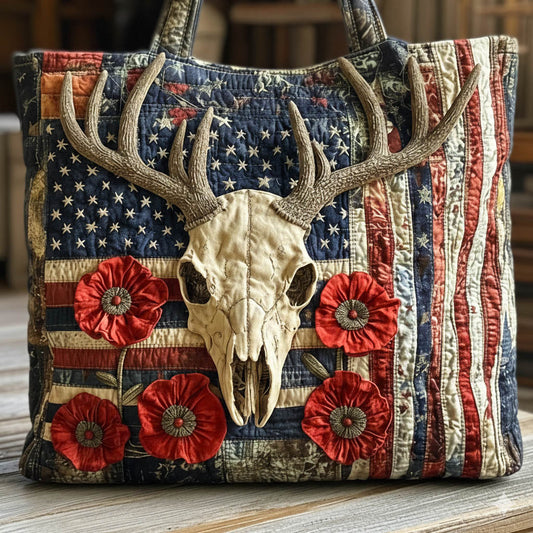Deer Skull American Flag Quilted Tote