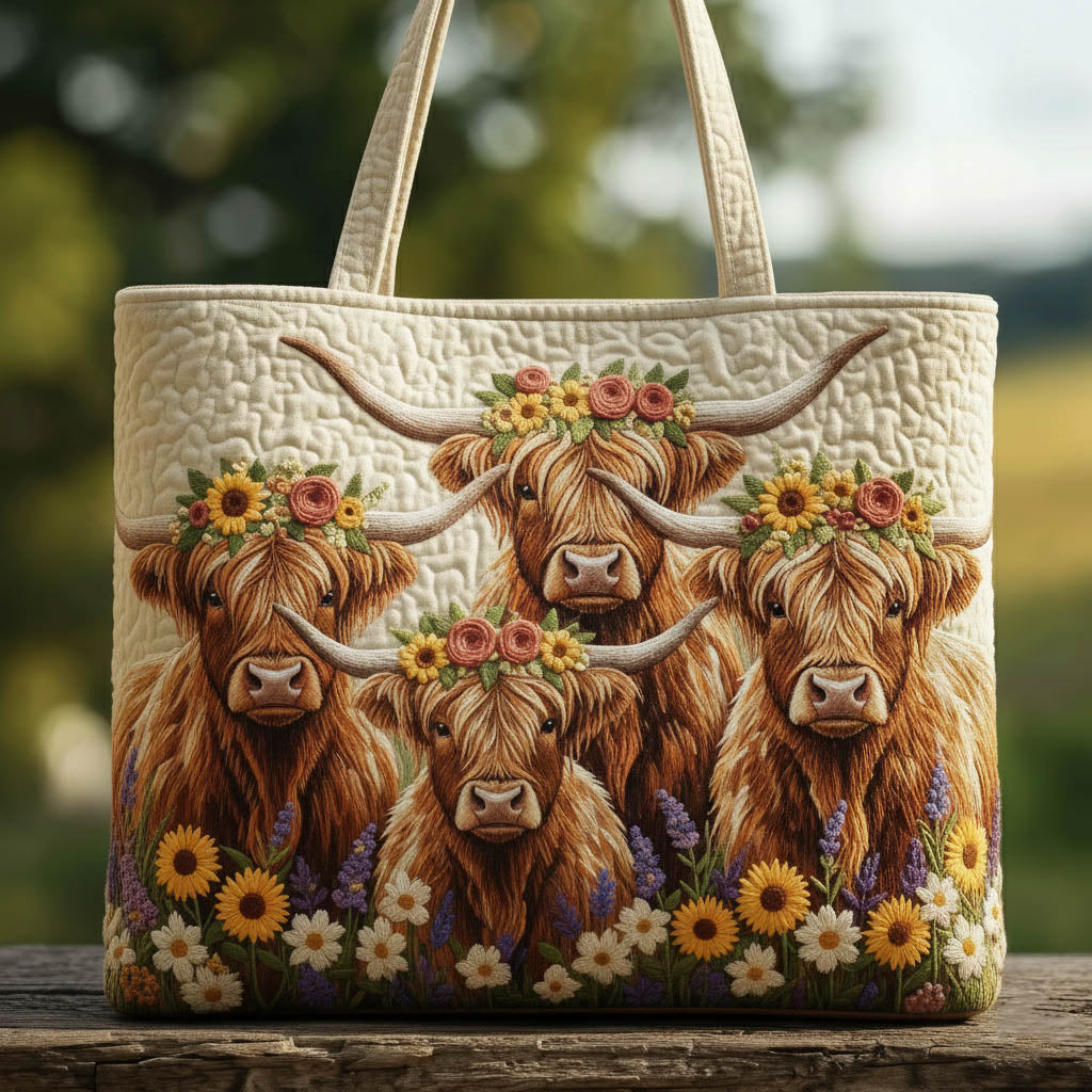 Highland Cows Flowers Quilted Tote