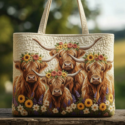 Highland Cows Flowers Quilted Tote
