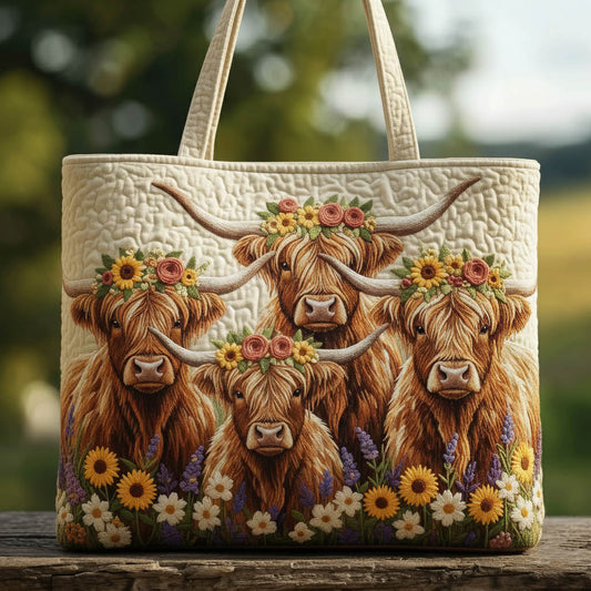 Highland Cows Flowers Quilted Tote