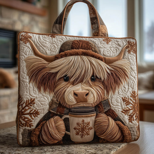 Highland Cow Coffee Quilted Tote