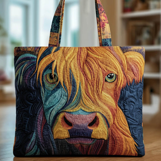 Highland Cow Portrait Quilted Tote
