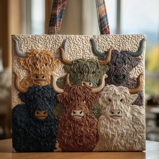 Highland Cow Faces Quilted Tote