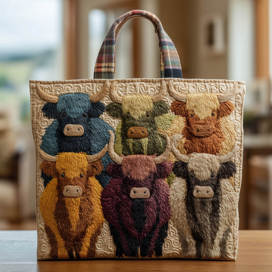 Colorful Highland Cows Quilted Tote