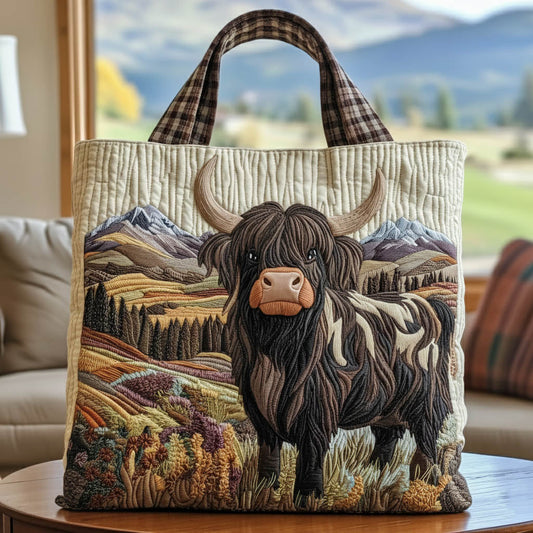 Highland Cow Landscape Quilted Tote