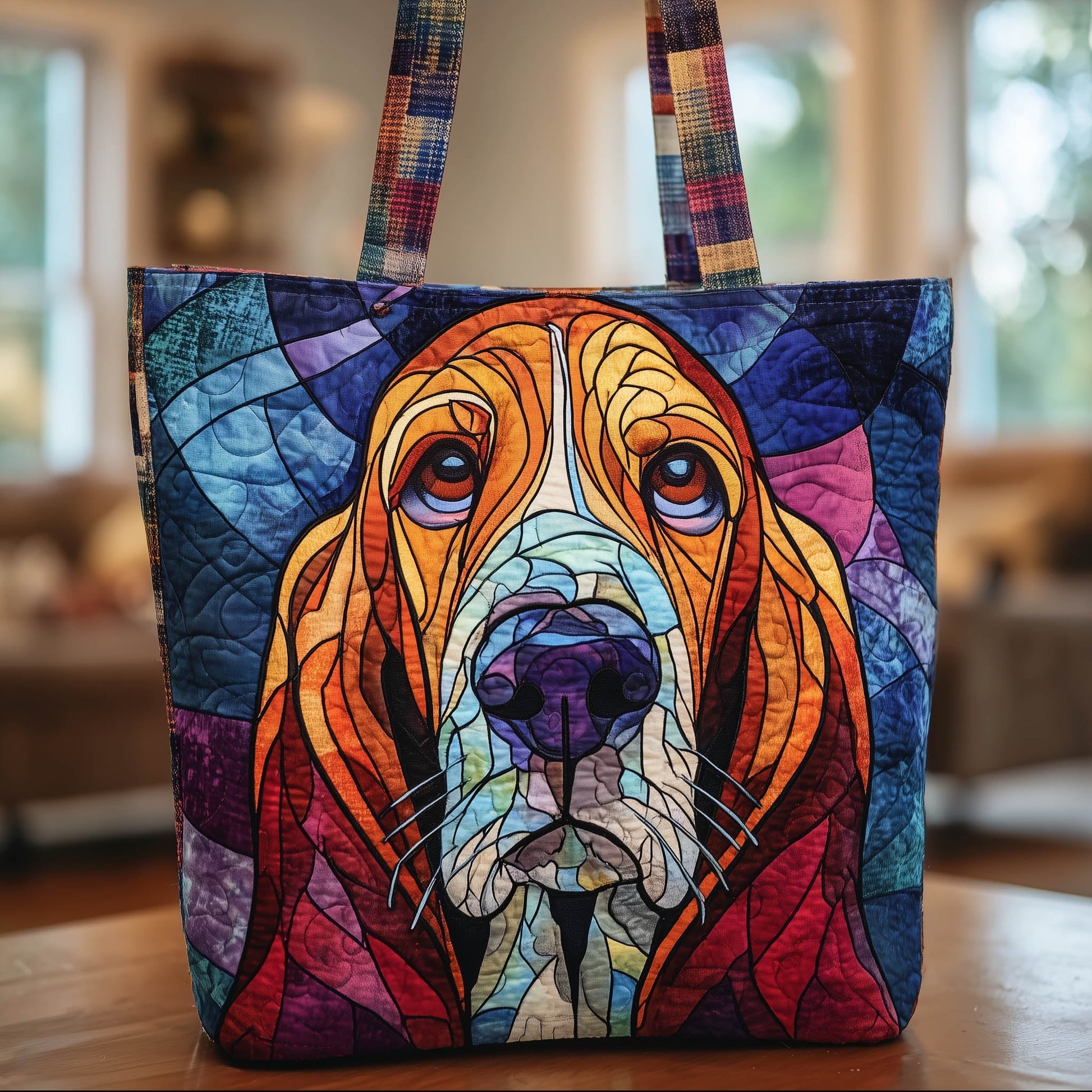 Colorful Basset Hound Illustration Quilted Tote
