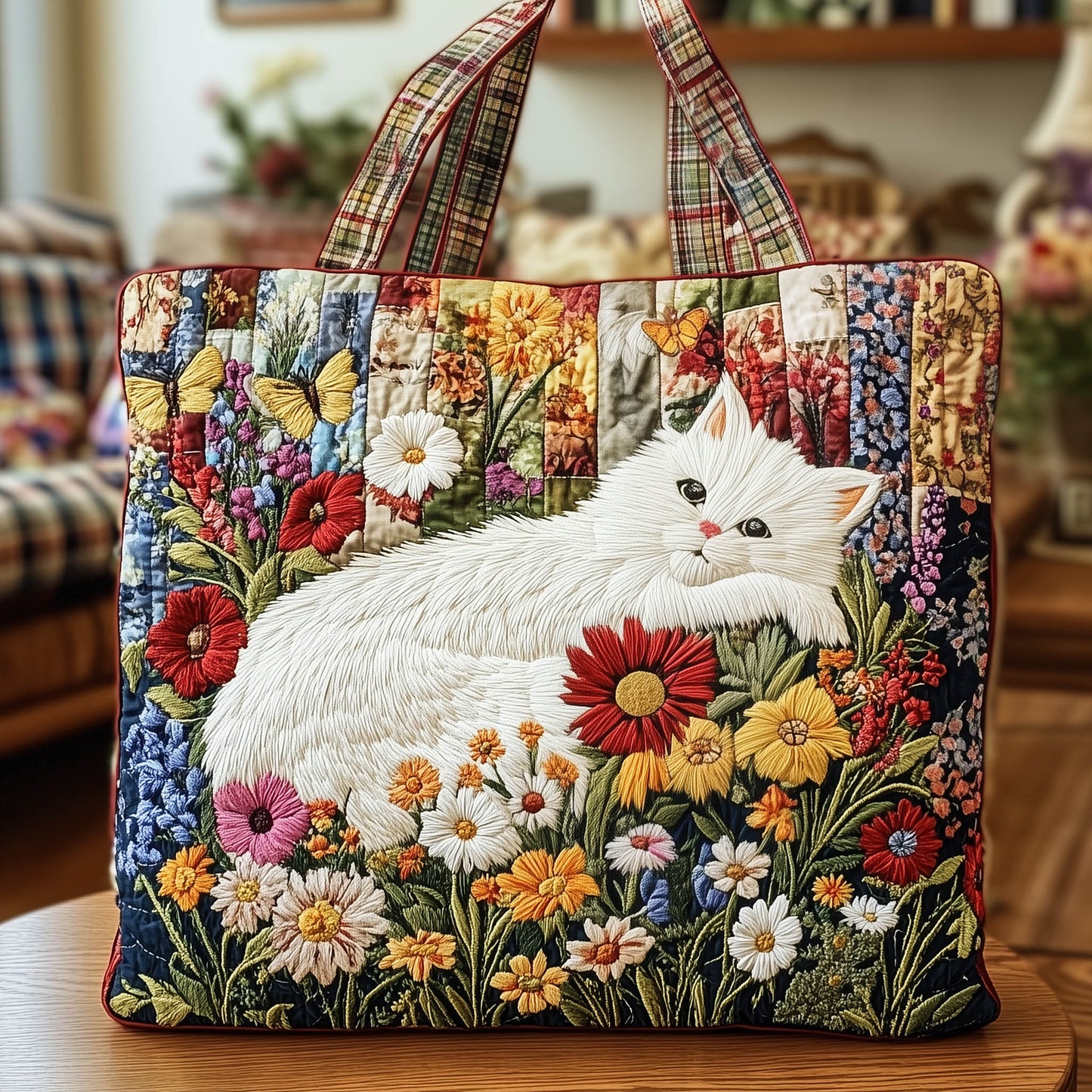 White Cat Flowers Tote Bag
