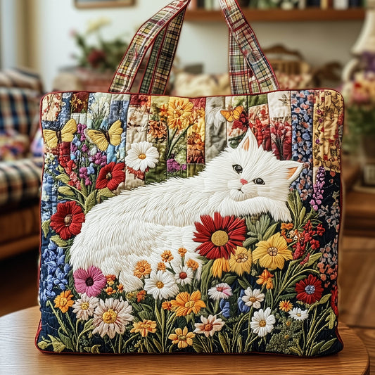 White Cat Flowers Tote Bag